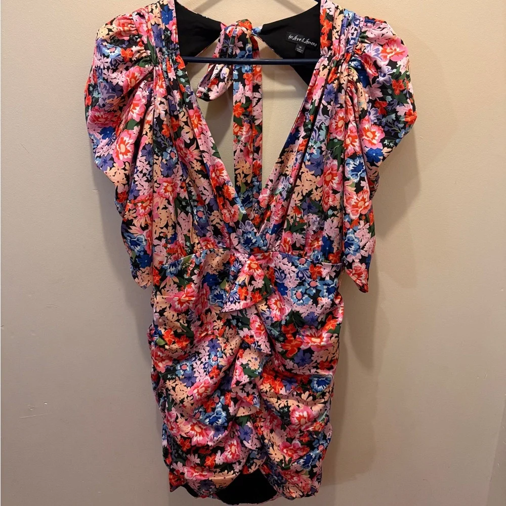 For Love & Lemons Bouquet Floral Puff-Sleeve Ruched Mini Dress - Picture 3 of 7